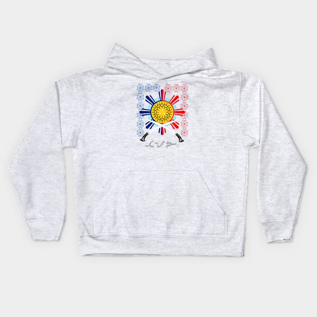 Philippine Sun / Philippine Swords (Ginunting) / Baybayin word Tapang (Courage) Kids Hoodie by Pirma Pinas